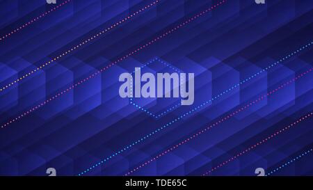 Abstract sfondo luminoso. Illustrazione Vettoriale di esagoni trasparente e brillante color neon linee tratteggiate su sfondo blu Illustrazione Vettoriale