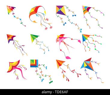 Gioco aquiloni. Vettore set kite isolati su sfondo bianco, alta art design aquiloni con stringhe, vacanze estive sky fly simboli della carta per hobby e fr Illustrazione Vettoriale