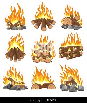 Il falò di legna da ardere. Vettore campfire naturale per il camino, cartoonoutdoor legna da ardere con il fuoco isolati su sfondo bianco, bruciando camping firewoods Illustrazione Vettoriale