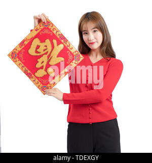 Bella donna di immagine del maglione rosso per il festival di festa Foto Stock