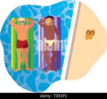 Interracial uomini con il costume da bagno e materasso galleggiante in acqua illustrazione vettoriale design Illustrazione Vettoriale