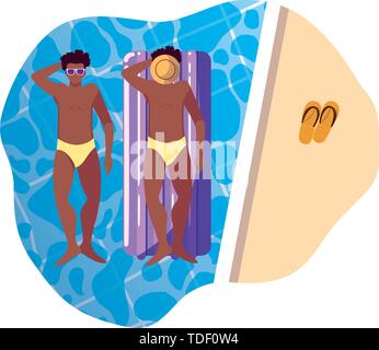 Afro uomini con il costume da bagno e materasso galleggiante in acqua illustrazione vettoriale design Illustrazione Vettoriale