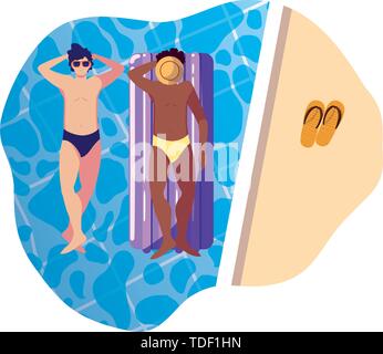 Interracial uomini con il costume da bagno e materasso galleggiante in acqua illustrazione vettoriale design Illustrazione Vettoriale