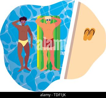 Interracial uomini con il costume da bagno e materasso galleggiante in acqua illustrazione vettoriale design Illustrazione Vettoriale