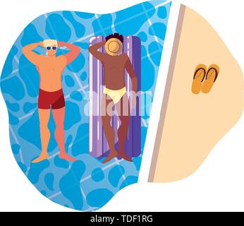 Interracial uomini con il costume da bagno e materasso galleggiante in acqua illustrazione vettoriale design Illustrazione Vettoriale