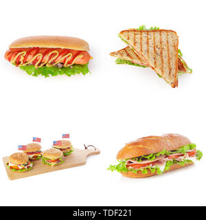 Junk fast food collage di hamburger, sandwich e hot dog isolati su sfondo bianco Foto Stock