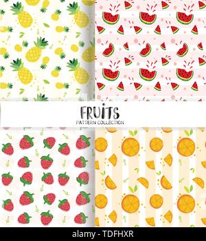 Carino disegnare a mano doodle frutta estiva pattern sfondo senza giunture, fragola, arancia, anguria, ananas Illustrazione Vettoriale