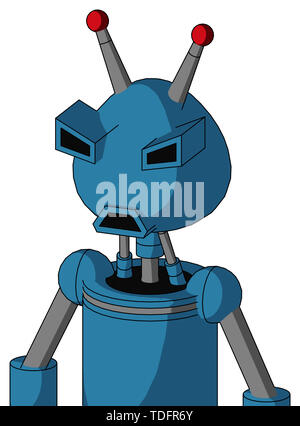 Ritratto di stile automa blu con testa arrotondata e triste bocca e occhi arrabbiati e doppia antenna led . Foto Stock