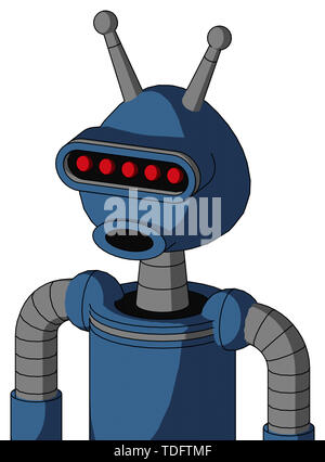 Ritratto di stile robot blu con testa arrotondata e bocca tonda e visiera occhio e doppia antenna . Foto Stock