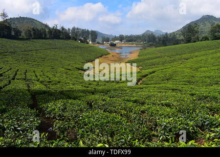 Fiume Meghamalai e alte montagne ondulate Foto Stock