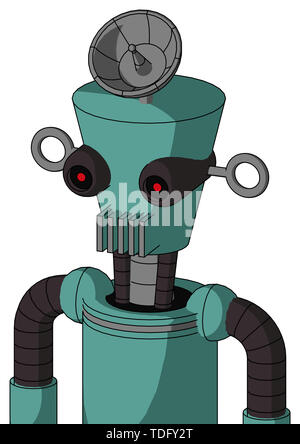 Ritratto di stile mech verdolino con cilindro testa conica e bocca di sfiato e nero occhi rossi luccicanti e piatto radar hat . Foto Stock
