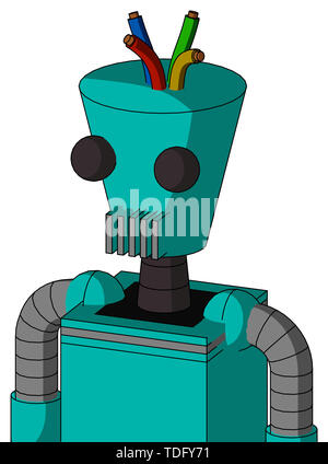 Ritratto di stile robot verdolino con cilindro testa conica e bocca di sfiato e due occhi e capelli del filo . Foto Stock