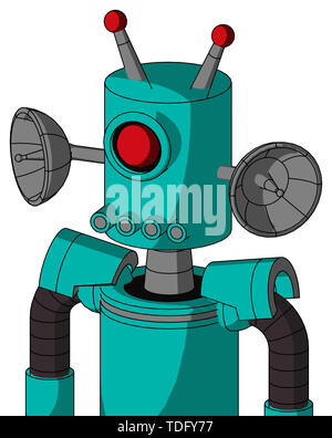 Ritratto di stile robot verdolino con la testa del cilindro e i tubi della bocca e degli occhi dei Ciclopi e doppia antenna led . Foto Stock