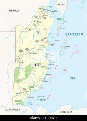 Road e il parco nazionale di mappa della centrale di stato africano belize Illustrazione Vettoriale