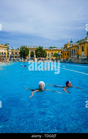 Le persone a rilassarsi nella Szechenyi Bagno Termale a Budapest, Ungheria Foto Stock