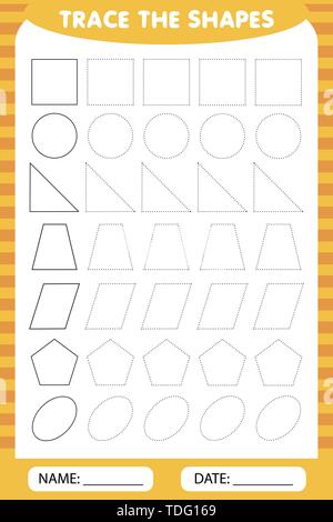 Di apprendimento per i bambini, attività di disegno. tracciare le forme geometriche attorno al contorno. Illustrazione Vettoriale