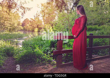 Una giovane donna incinta in un bel vestito rosso si erge e guarda al lago. Ragazza attiva in gravidanza. Ritratto Moda sparare all'aperto Foto Stock