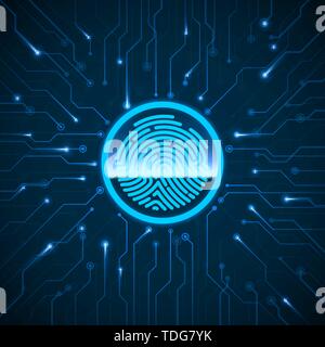 Cyber Security. La scansione delle impronte digitali del sistema di identificazione. Finger Print digitalizzati su circuito. Autorizzazione biometrici e concetto di sicurezza. Vector illu Illustrazione Vettoriale