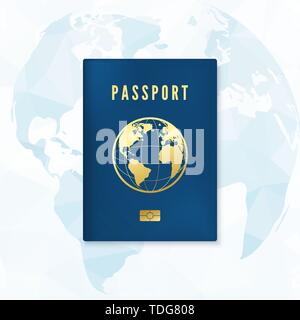 Biometrico passaporto blu modello di copertura. Documento di identità con un ID digitale con mappa globale sullo sfondo. Illustrazione Vettoriale Illustrazione Vettoriale