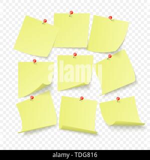 Set di giallo adesivi per ufficio con spazio per il testo o messaggio bloccato da neeples alla parete. Illustrazione di vettore isolato su sfondo trasparente Illustrazione Vettoriale