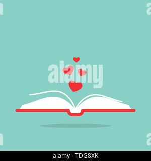 Libro aperto con coperchio rosso e rosso cuori battenti fuori. Isolato su sfondo turchese. bibliofili icona piatta. Illustrazione Vettoriale