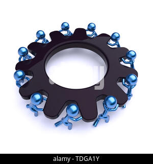 Accordo di partenariato ruota dentata teamwork caratteri, nero ruota dentata processo aziendale. Il lavoro di squadra di uomini, lavoratori ruotando ruota dentata insieme. Ore di manodopera europea Foto Stock