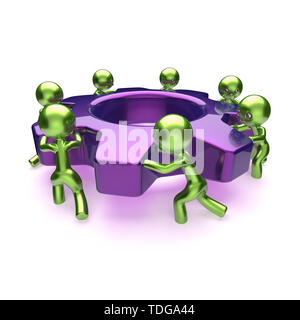 Il lavoro di gruppo ruota dentata ruota dentata business process caratteri. risorse umane uomini squadra spingere girando la ruota dentata insieme. partenariato, Manpower, cooperazione Foto Stock