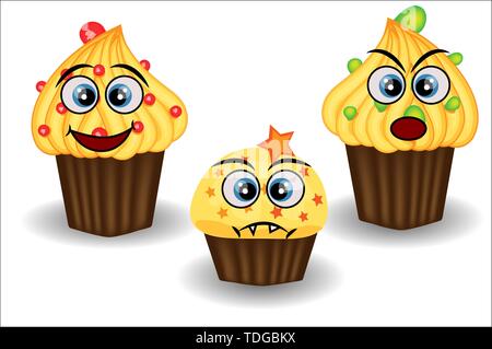 Carino e colorato stile kawaii muffin alla raccolta di emoticon che esprimono differenti emozioni e sentimenti. Illustrazione Vettoriale