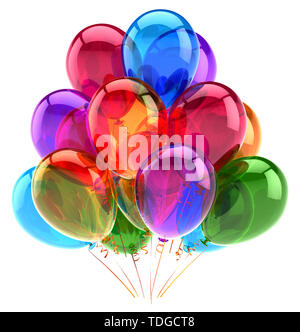 Palloncini party happy birthday bella decorazione multicolore lucida traslucido. Holiday anniversario festeggiare il biglietto di auguri sfondo. 3D render Foto Stock