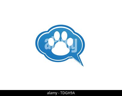 Paw all'interno di una chat icona e simbolo di impronta logo design illustrazione nella forma di conversazione testuale Illustrazione Vettoriale