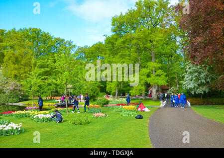 Il Keukenhof Lisse, Paesi Bassi - 28 Apr 2019: la gente camminare in splendidi giardini Keukenhof. Popolare il parco turistico verde con alberi e fiori colorati, principalmente i tulipani. Olandesi principali di attrazione turistica. Foto Stock