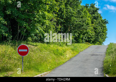 Cartello stradale non entrare. Non vi è alcuna voce a quel lato. La strada va nella direzione sbagliata. Il verde degli alberi e il blu del cielo Foto Stock