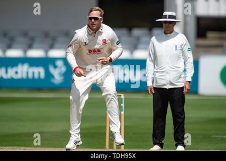 Chelmsford, Regno Unito. 16 Giugno, 2019. CHELMSFORD, Regno Unito. Xvi Jun, 2019. Simon Harmer Essex di Cricket Club in azione durante la partita di oggi durante la contea Specsavers gara di campionato: Essex vs Hampshire a Chelmsford Cricket Ground di Domenica, 16 giugno 2019 a Chelmsford in Inghilterra. (Solo uso editoriale, è richiesta una licenza per uso commerciale. Nessun uso in scommesse, giochi o un singolo giocatore/club/league pubblicazioni. Credito: Taka Wu/Alamy Live News Foto Stock