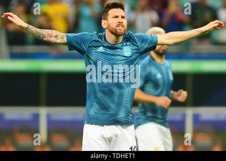 15 giugno 2019, Arena Fonte Nova, Salvador, Bahia, Brasile; Copa America Torneo Internazionale di Calcio, Argentina contro la Colombia; Lionel Messi Argentina si riscalda Foto Stock