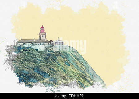 Disegno ad acquerello o illustrazione di una bellissima vista del faro di Capo Rock in Sintra in Portogallo. Foto Stock