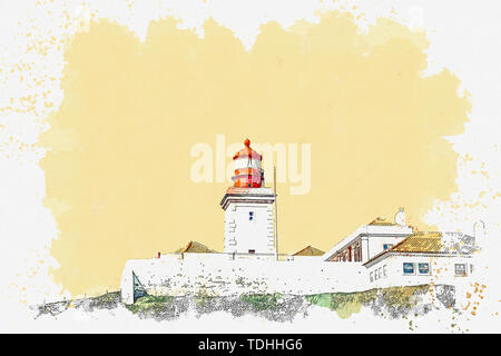 Disegno ad acquerello o illustrazione di una bellissima vista del faro di Capo Rock in Sintra in Portogallo. Foto Stock