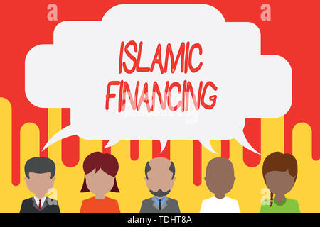 Testo della scrittura di finanziamento islamico. Foto concettuale attività bancarie e di investimento che siano conformi con la sharia cinque gare diverse persone che condividono bl Foto Stock