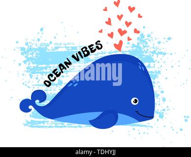 Illustrazione con cute di balena e di una frase - Ocean vibes. Stampa vettoriale per scheda, poster, bambini usura o altri design. Illustrazione Vettoriale