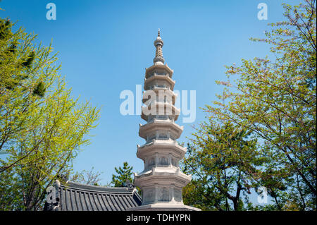 Busan, Corea del Sud - Aprile 2019: pietra pagoda a Haedong Yonggungsa tempio, tempio buddista situato sul mare del nord-est del Busan, Corea del Sud Foto Stock