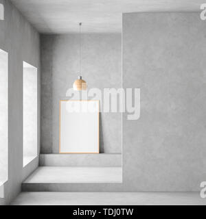 Mock up del fotogramma poster in camera moderna e spaziosa con pareti in calcestruzzo. Minimalista moderno design in camera. 3D'illustrazione. Foto Stock