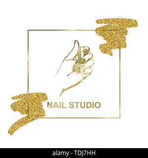 Vector emblema dorato con una femmina di mano in un elegante stile minimalista in stile lineare. logo per un salone di bellezza o un manicurist. modello per il confezionamento di crema mani Illustrazione Vettoriale