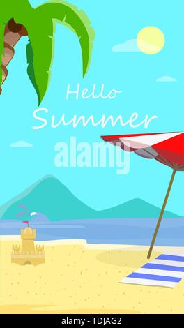 Ciao estate spiaggia sfondo con paesaggi marini, i delfini, ombrellone, asciugamano e castello di sabbia. Viaggiare biglietto di auguri per la stagione estiva Vacanza, Vacanze Illustrazione Vettoriale