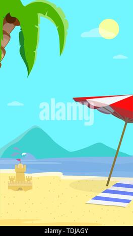Estate Mare spiaggia sfondo con paesaggio Day Time, delfini, ombrellone, asciugamano, castello di sabbia. Viaggio Cartolina per estate vacanze, Vacanze Illustrazione Vettoriale