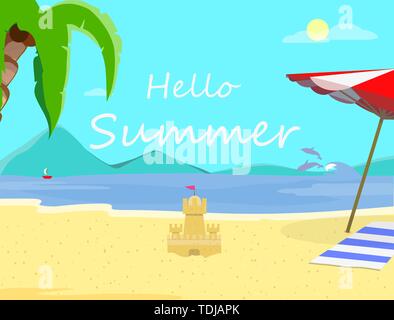 Ciao estate spiaggia sfondo con coste Seascape, delfini, ombrellone, asciugamano, castello di sabbia. Viaggio Cartolina per estate vacanze, Vacanze Illustrazione Vettoriale