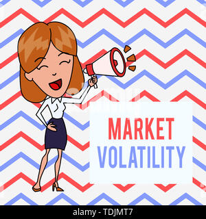 La scrittura della nota mostra la volatilità del mercato. Il concetto di business per titoli sottostanti i prezzi fluttuano sullo stato di stabilità giovane donna parlando in Blowhorn Foto Stock