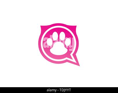 Paw all'interno di una chat icona e simbolo di impronta logo design illustrazione in forma Illustrazione Vettoriale
