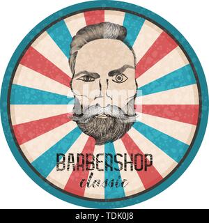 Etichetta rotonda. Tanga uomo barbuto con moustage. Per Designet babershops ecc. Illustrazione Vettoriale. Illustrazione Vettoriale