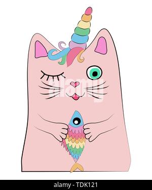 Cat unicorn con un pesce arcobaleno nelle sue zampe, stampa, design Illustrazione Vettoriale