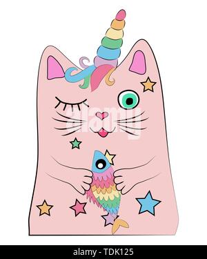 Cat unicorn con un pesce arcobaleno nelle sue zampe, stampa, design Illustrazione Vettoriale