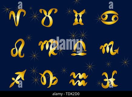 Set di golden segni zodiacali su uno sfondo scuro. Icone quadrate Illustrazione Vettoriale